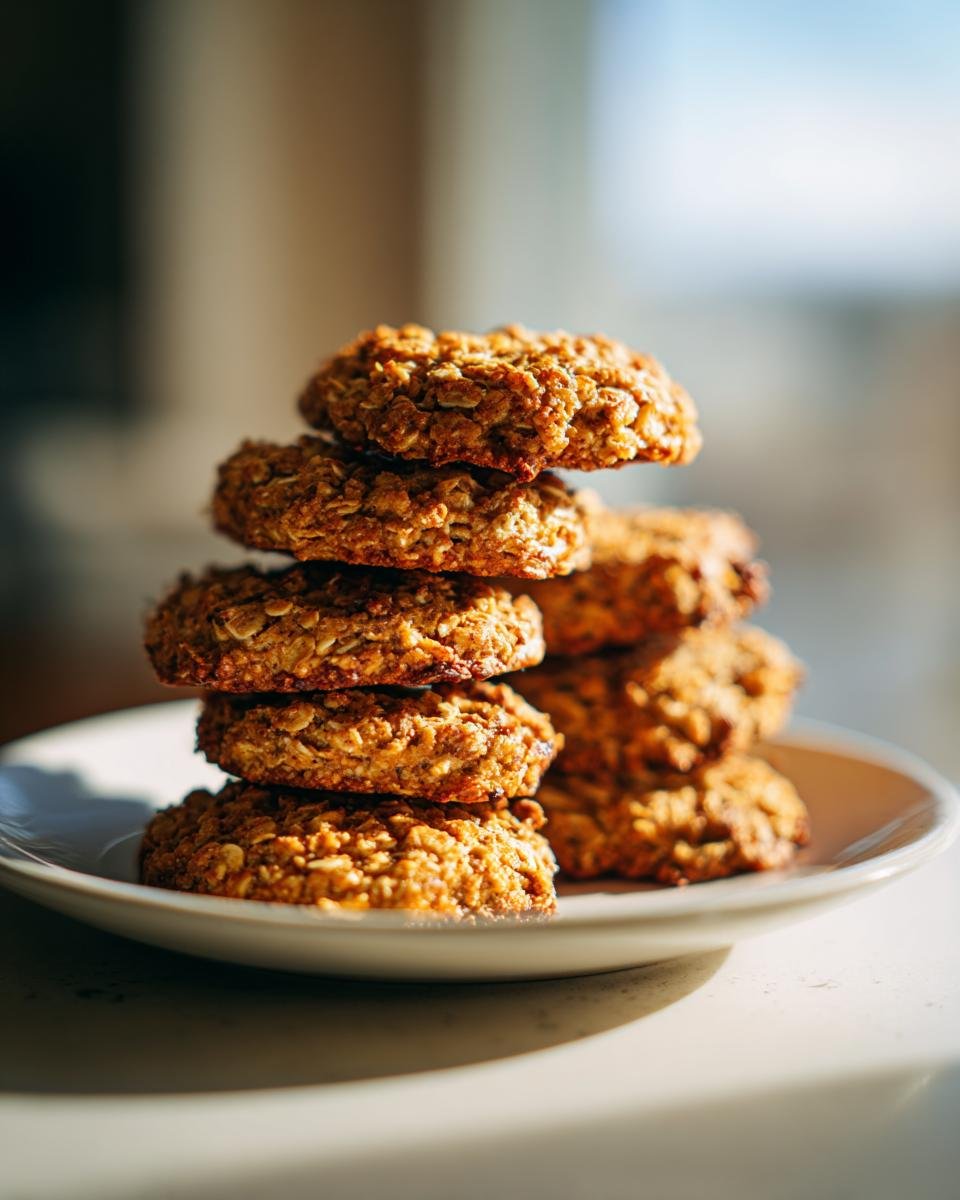 Stapel von goldbraunen Apfel-Haferflocken-Kekse auf einem hellen Teller, im warmen Sonnenlicht.