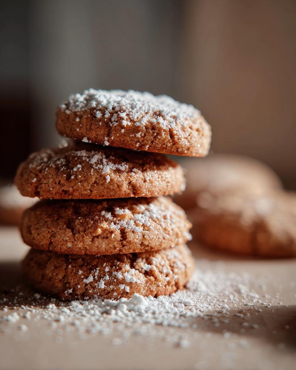 Stapel von vier runden, braunen GESUNDE WEIHNACHTSPLÄTZCHEN, bestäubt mit Puderzucker.