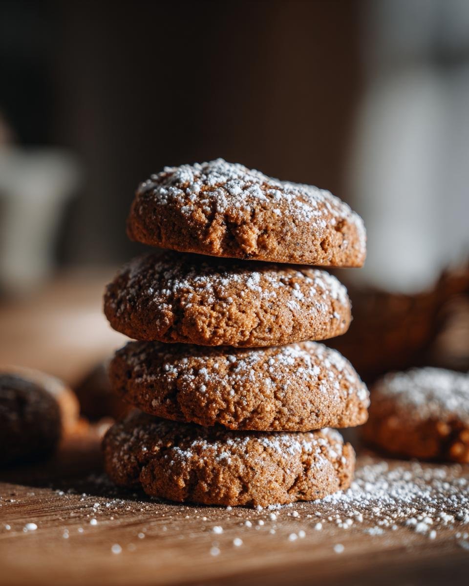 Stapel von vier braunen GESUNDE WEIHNACHTSPLÄTZCHEN, bestäubt mit Puderzucker auf Holz.