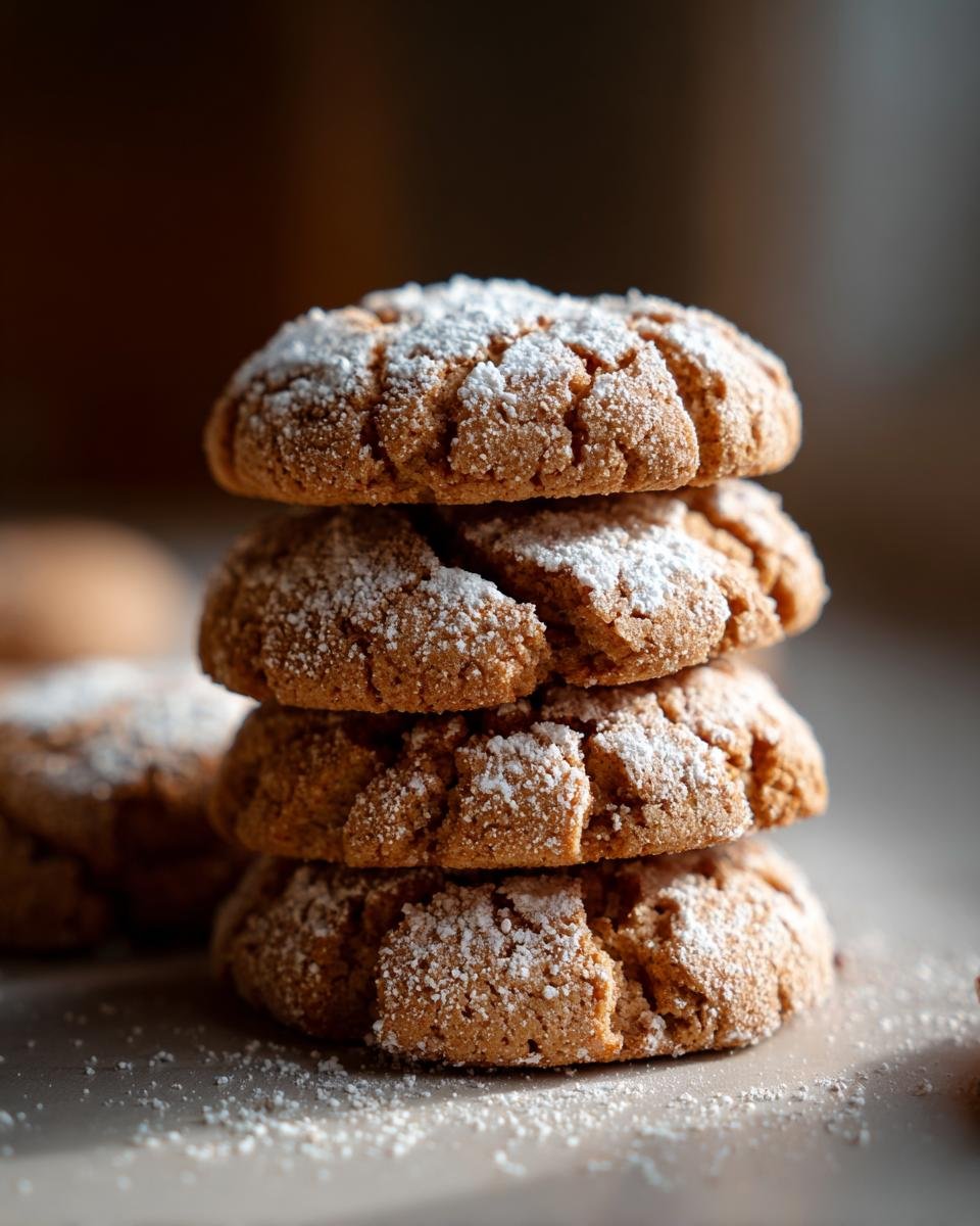 Stapel von vier braunen, rissigen Plätzchen, bestäubt mit Puderzucker, typisch für GESUNDE WEIHNACHTSPLÄTZCHEN.