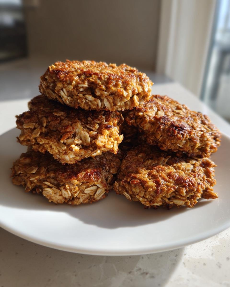 Stapel von fünf gebackenen Haferflocken-Walnuss-Taler auf einem weißen Teller, appetitlich gebräunt.