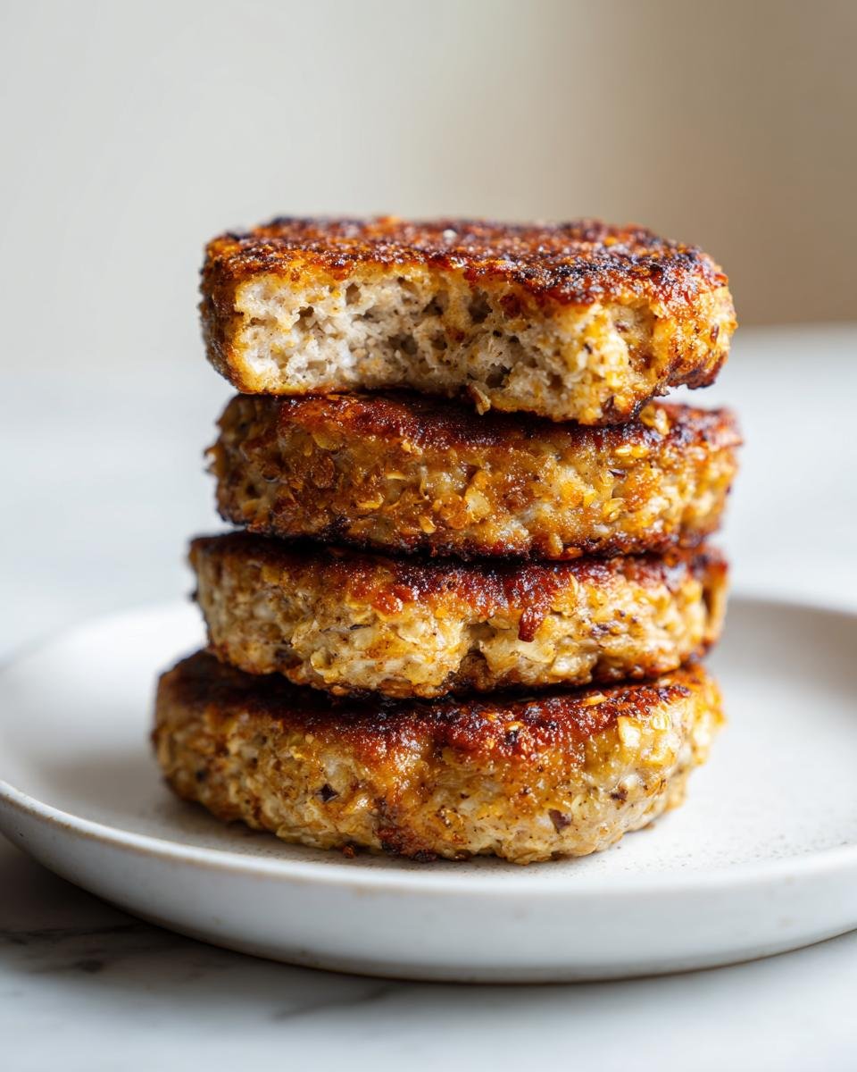 Ein Stapel von vier gebratenen Power Quark-Taler mit Haferflocken auf einem hellen Teller.