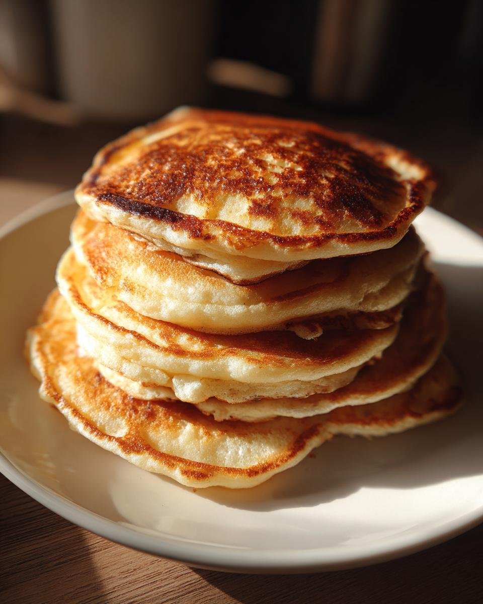 Ein hoher Stapel goldbraun gebratener Quark-Pfannkuchen Ohne Mehl auf einem weißen Teller.