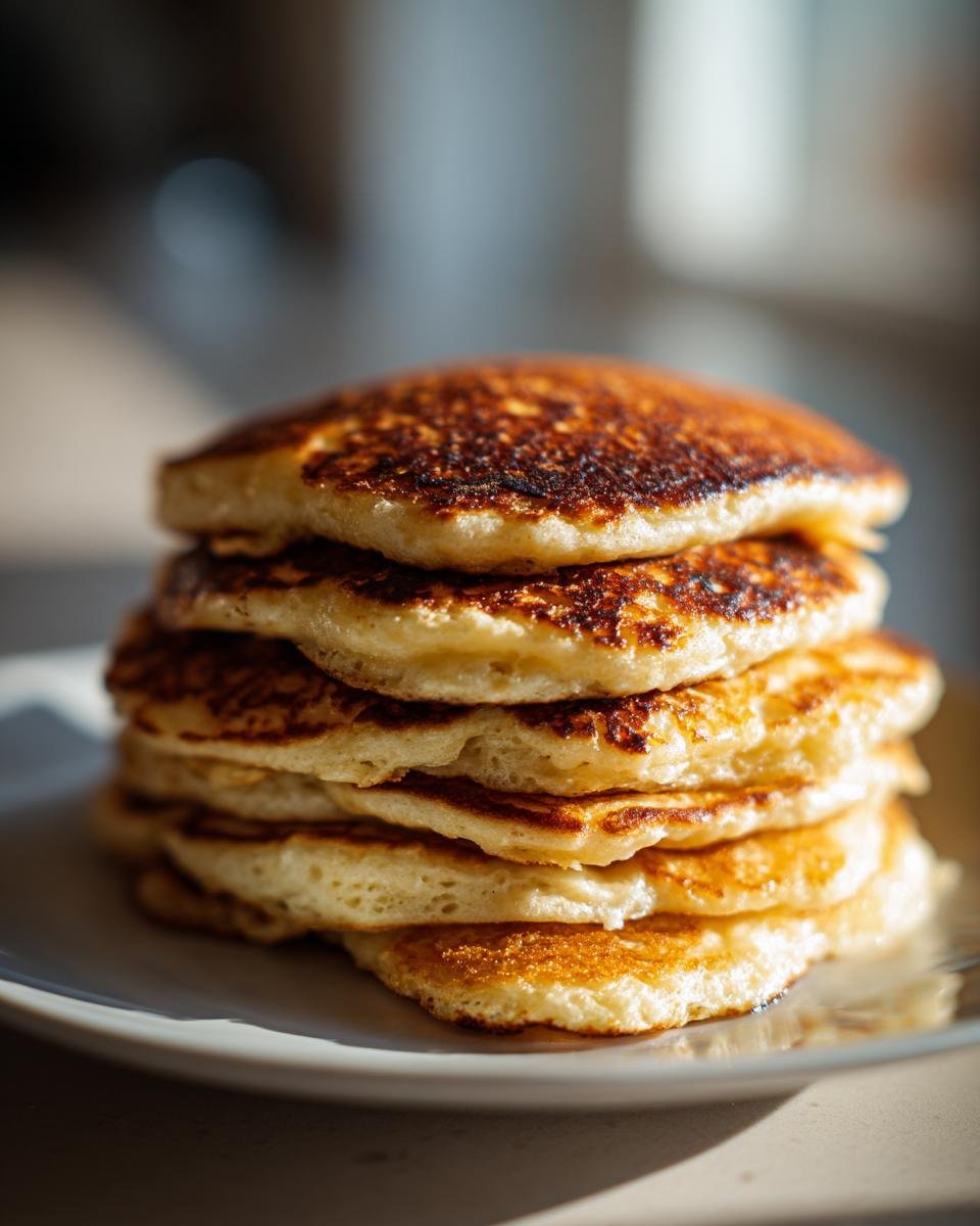 Ein hoher Stapel fluffiger Quark-Pfannkuchen Ohne Mehl mit perfekt gebräunten Oberflächen auf einem weißen Teller.