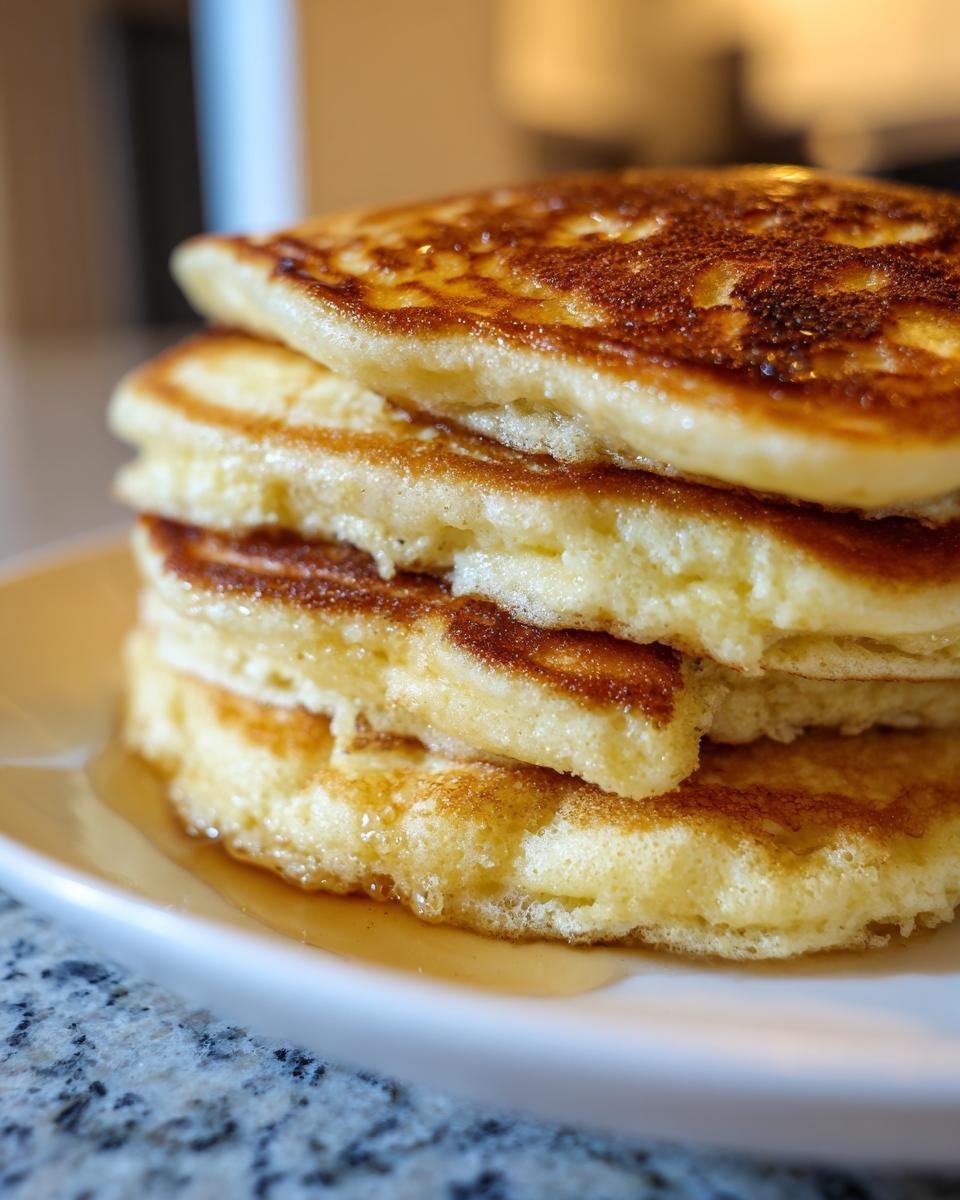 Nahaufnahme eines Stapels fluffiger Quark-Pfannkuchen Ohne Mehl mit goldbrauner Kruste und etwas Sirup.
