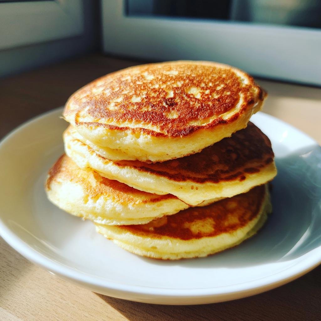 Ein Stapel von vier fluffigen Quark-Pfannkuchen Ohne Mehl, goldbraun gebraten, auf einem weißen Teller.