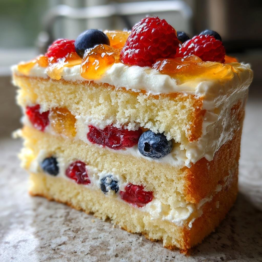 Nahaufnahme eines Stücks Hochzeitstorten mit Früchten, gefüllt mit Sahne, Himbeeren und Blaubeeren.