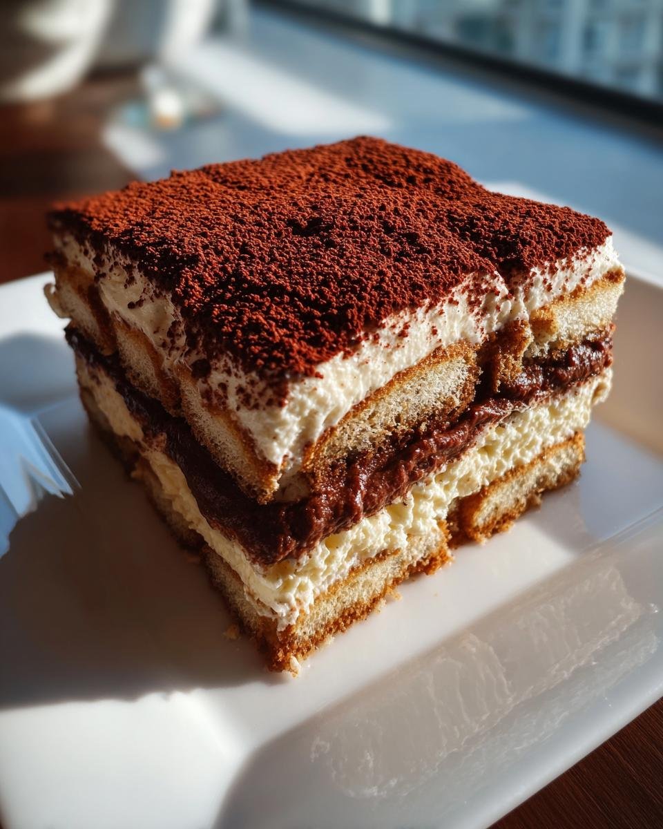 Nahaufnahme eines Schichtdesserts: Ein Stück Kakao-Tiramisu mit Löffelbiskuits, Creme und reichlich Kakaopulver obenauf.