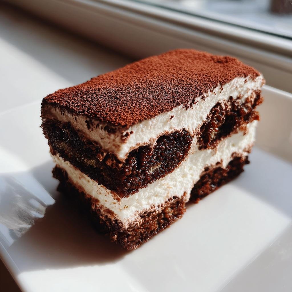 Nahaufnahme eines Schichtdesserts, das wie ein Kakao-Tiramisu aussieht, bestäubt mit Kakaopulver.