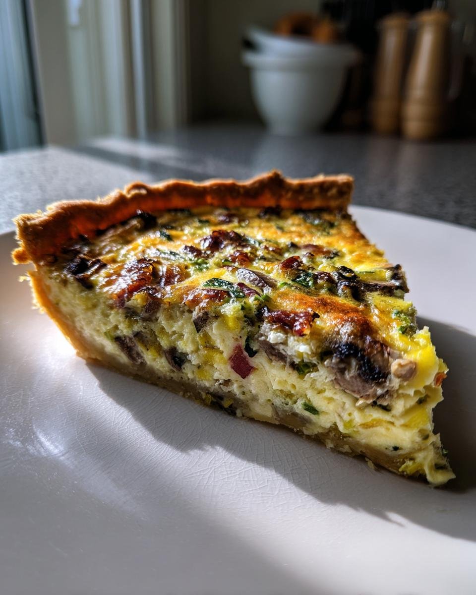 Ein appetitliches Stück Schnelle Gemüse-Quiche mit sichtbaren Pilzen und Ei-Füllung auf einem weißen Teller.