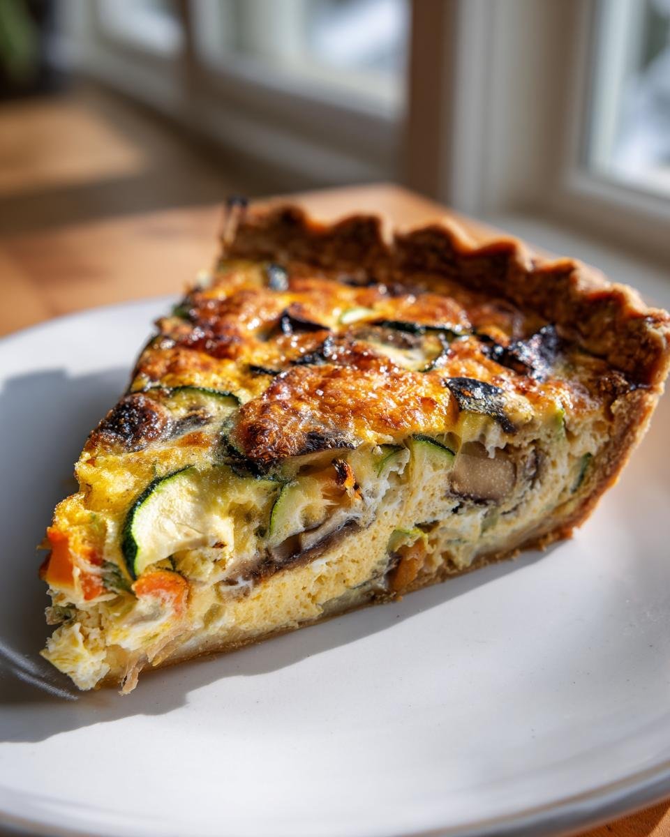 Ein appetitliches Stück Schnelle Gemüse-Quiche mit goldbrauner Kruste, gefüllt mit Zucchini und Pilzen, auf einem weißen Teller.