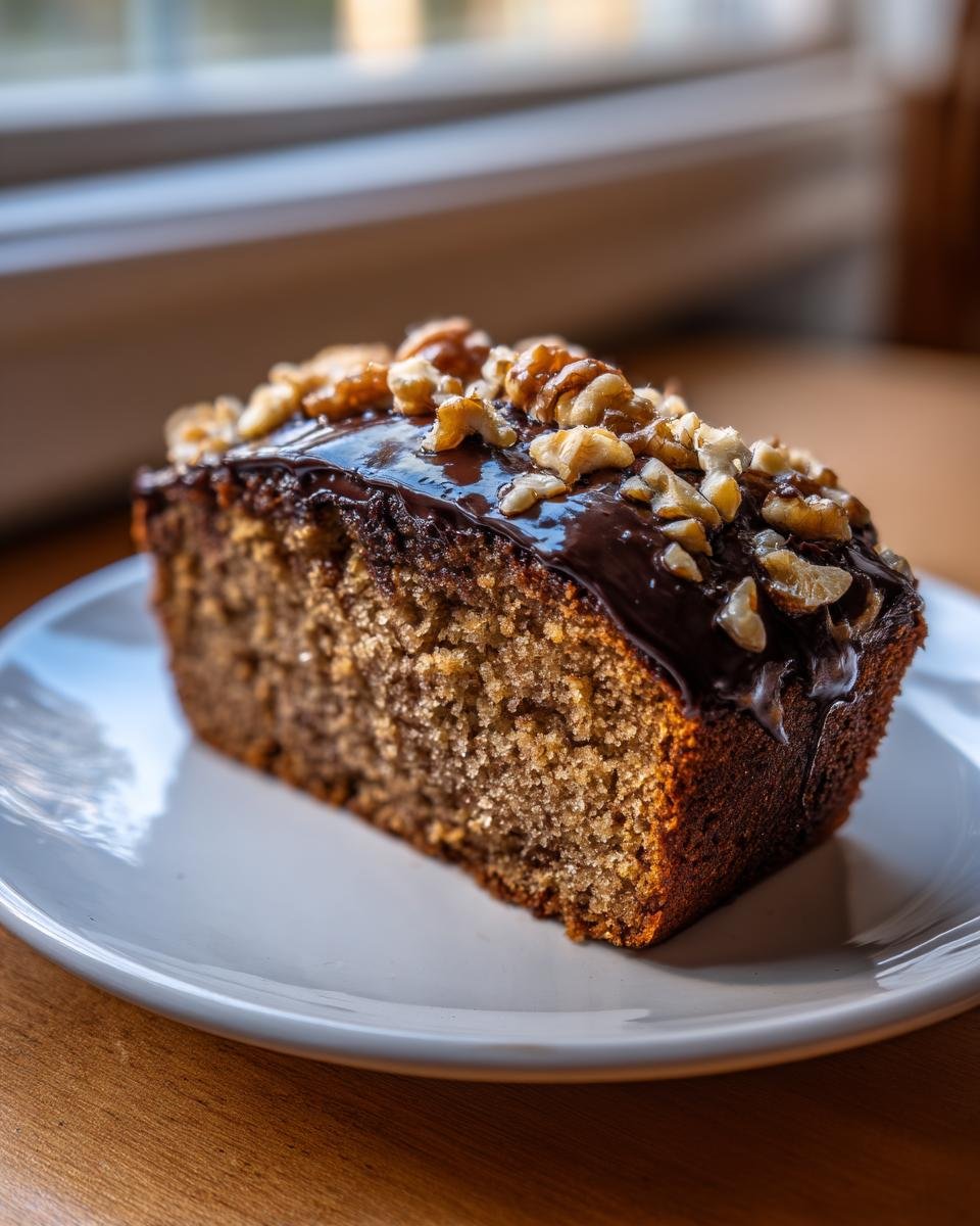 Ein saftiges Stück Walnusskuchen Rezept mit dunkler Schokoladenglasur und gehackten Walnüssen.