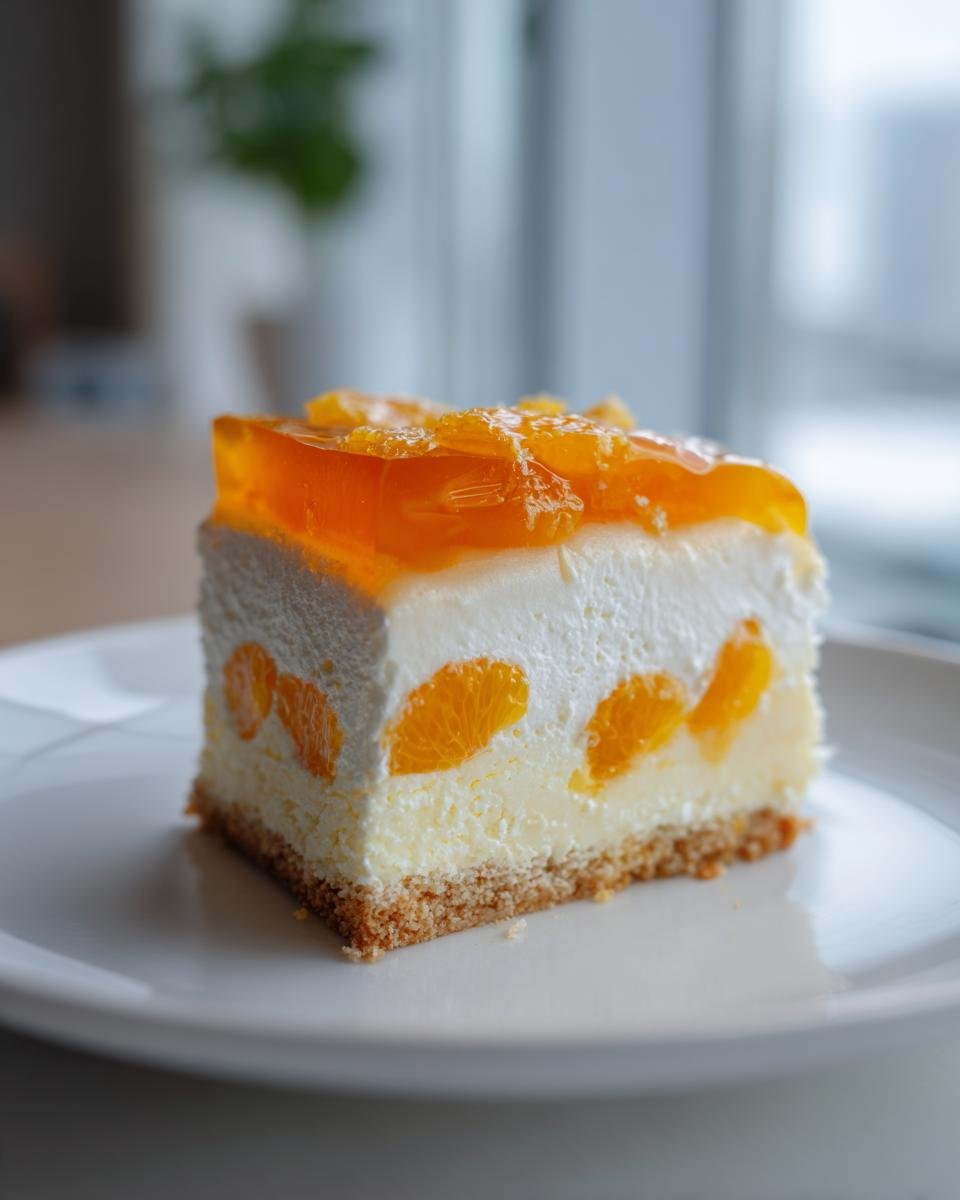Ein saftiges Stück Weihnachts Mandarinen-Torte mit Keksboden, cremiger Füllung und Orangen-Gelee-Topping.