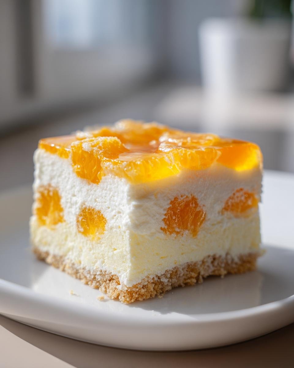 Ein quadratisches Stück Weihnachts Mandarinen-Torte mit Mandarinenstücken und einem Keksboden auf einem weißen Teller.