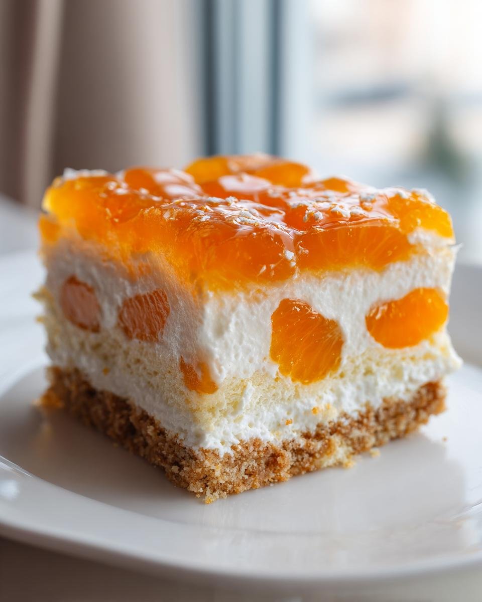 Ein saftiges Stück Weihnachts Mandarinen-Torte mit Keksboden, cremiger Füllung und glänzendem Fruchtguss.