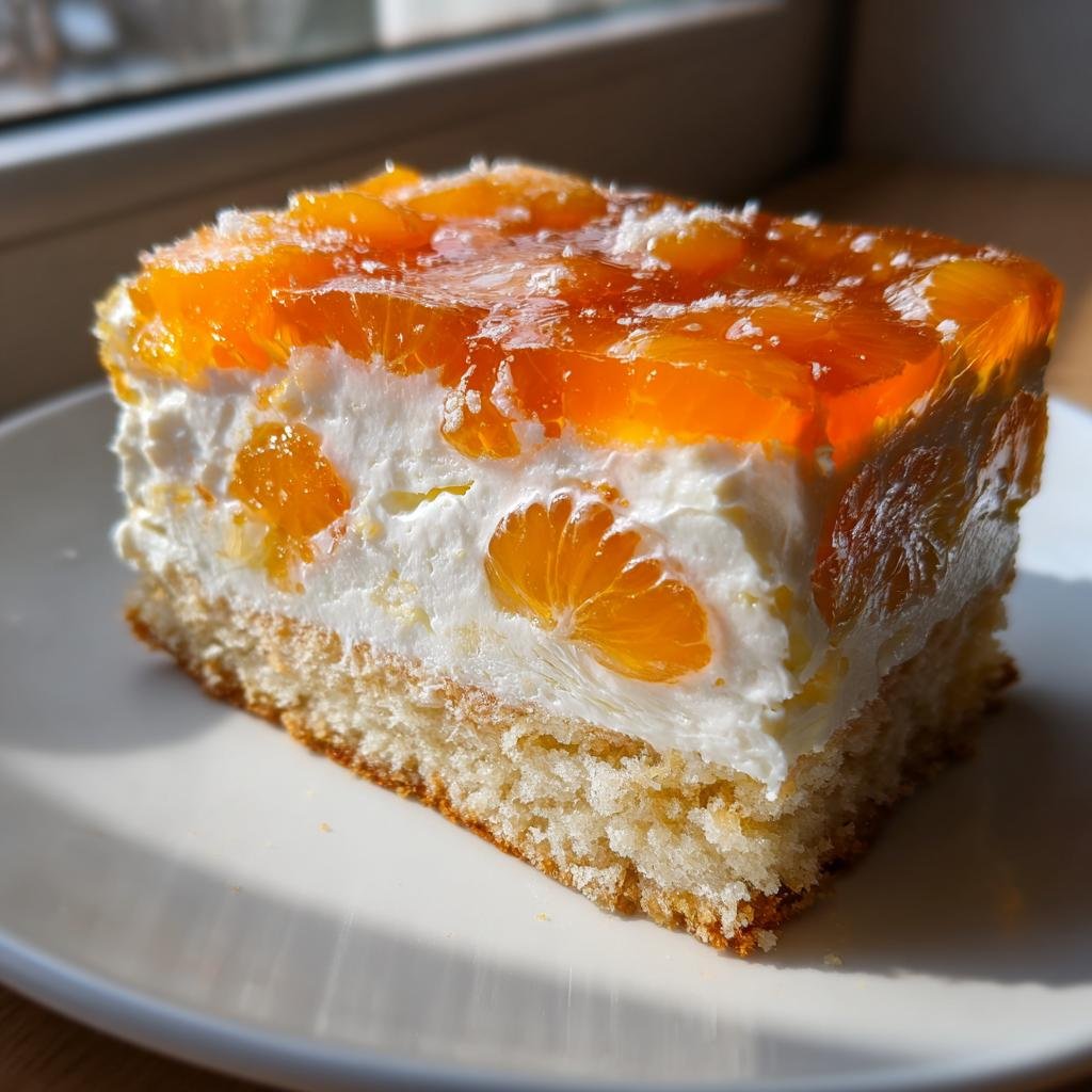 Ein anschauliches Stück Weihnachts Mandarinen-Torte mit hellem Boden, dicker Sahneschicht und glänzender Mandarinen-Gelee-Decke.