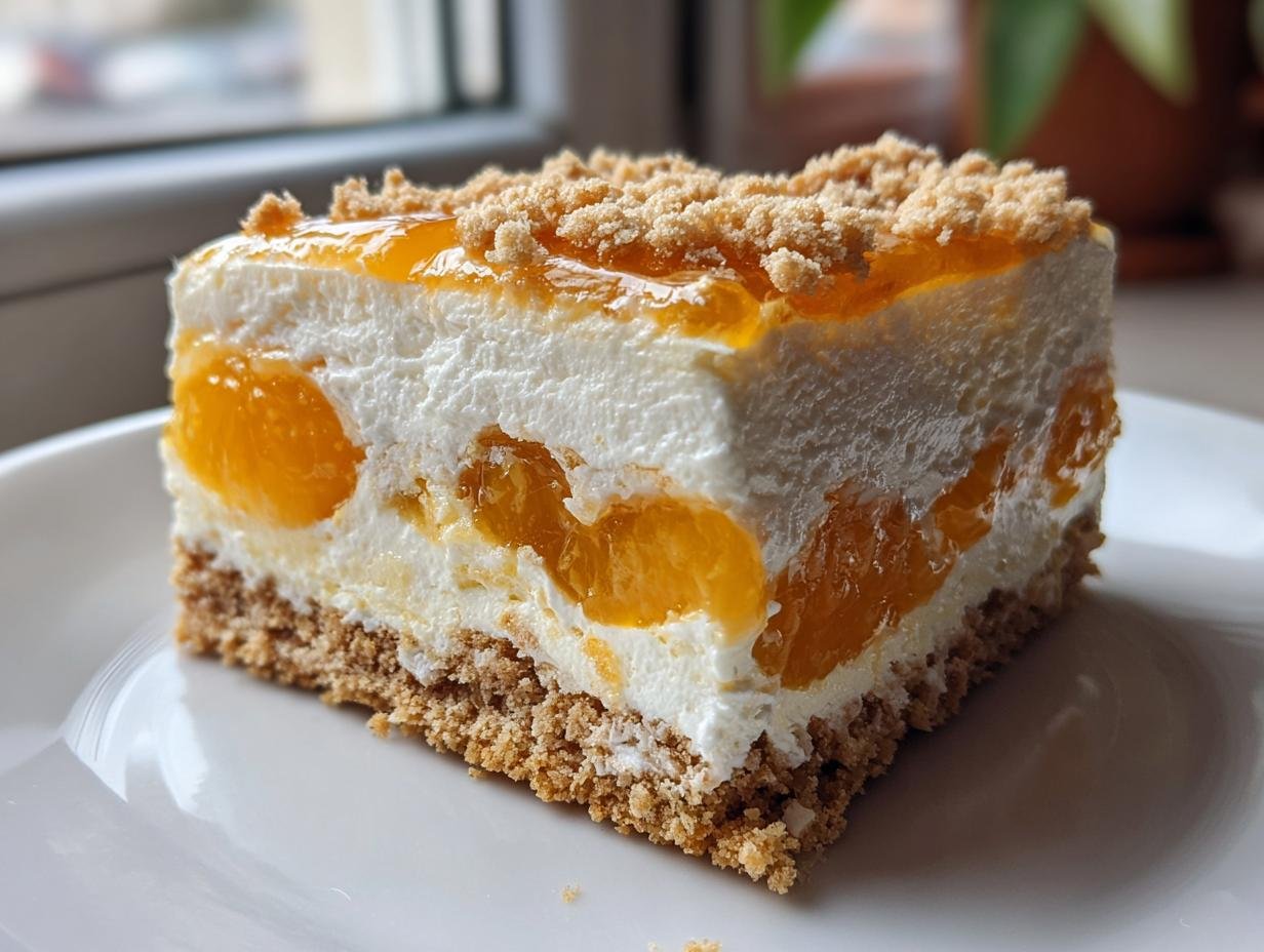 Nahaufnahme eines Stücks Weihnachts Mandarinen-Torte mit Keksboden, cremiger Füllung und Mandarinenstücken.