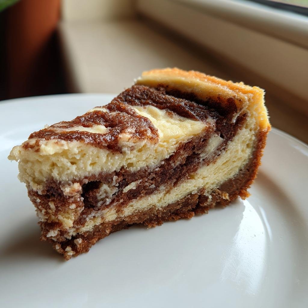 Nahaufnahme eines Stücks Marmorkuchen, das Zimtschnecken trifft Käsekuchen, mit deutlicher Marmorierung.