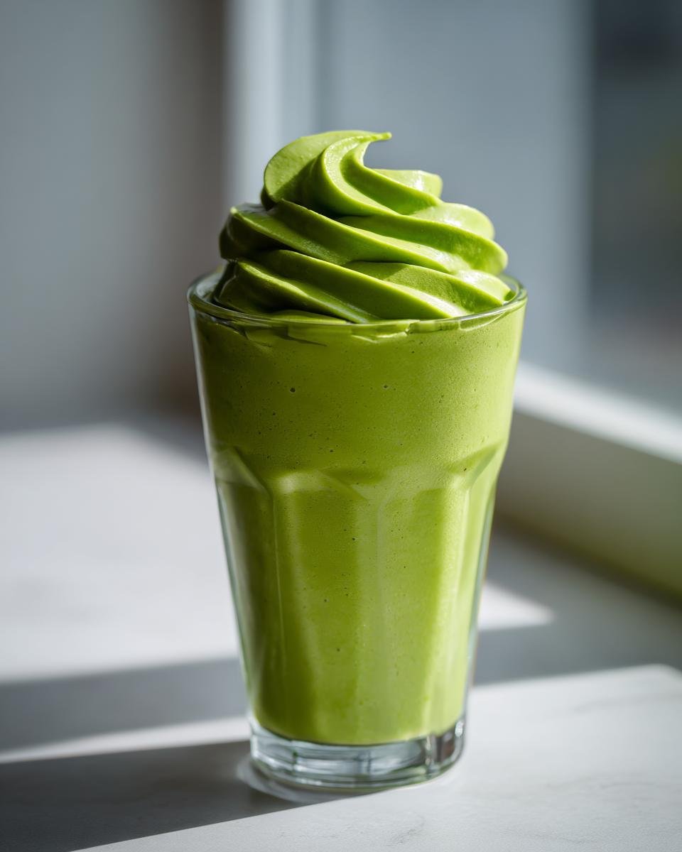 Nahaufnahme eines leuchtend grünen SUPERDRINK ZUM ABNEHMEN mit einer kunstvollen Wirbelspitze, serviert in einem hohen Glas.