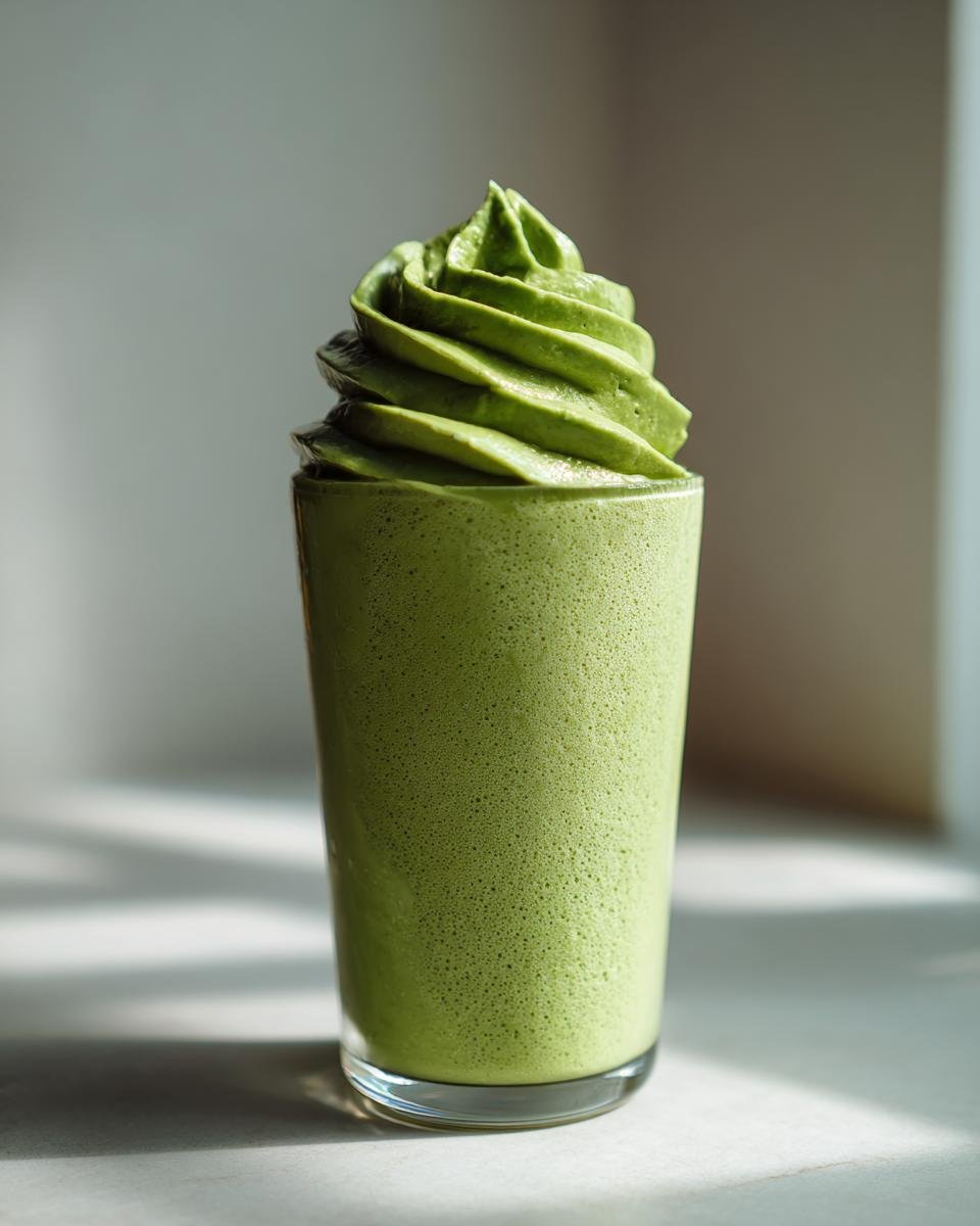 Nahaufnahme eines hohen Glases mit einem cremigen, grünen SUPERDRINK ZUM ABNEHMEN, gekrönt mit einer aufgespritzten Haube.