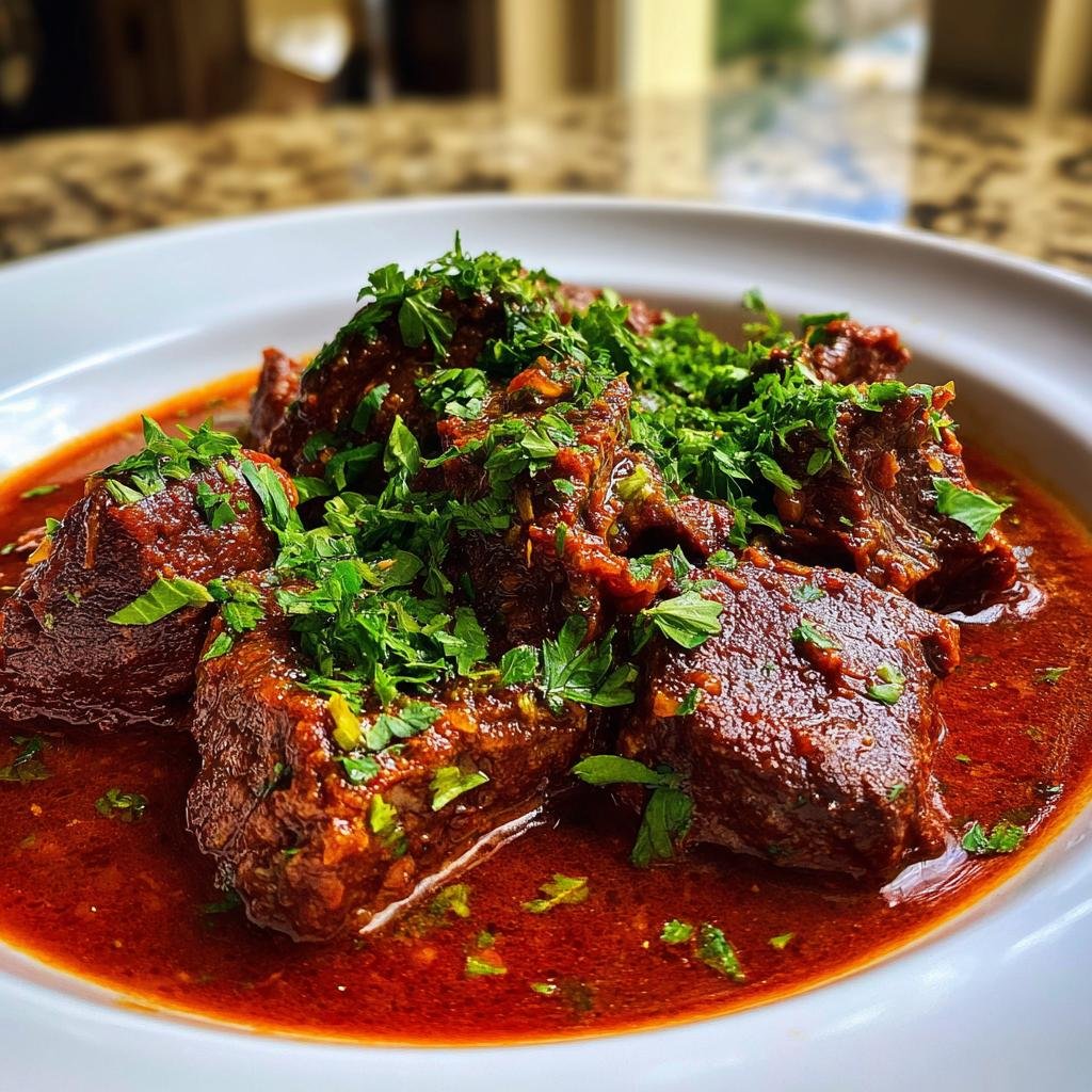 Nahaufnahme von saftigen Stücken Teufelsfleisch in einer tiefroten Sauce, reichlich mit frischer Petersilie bestreut.