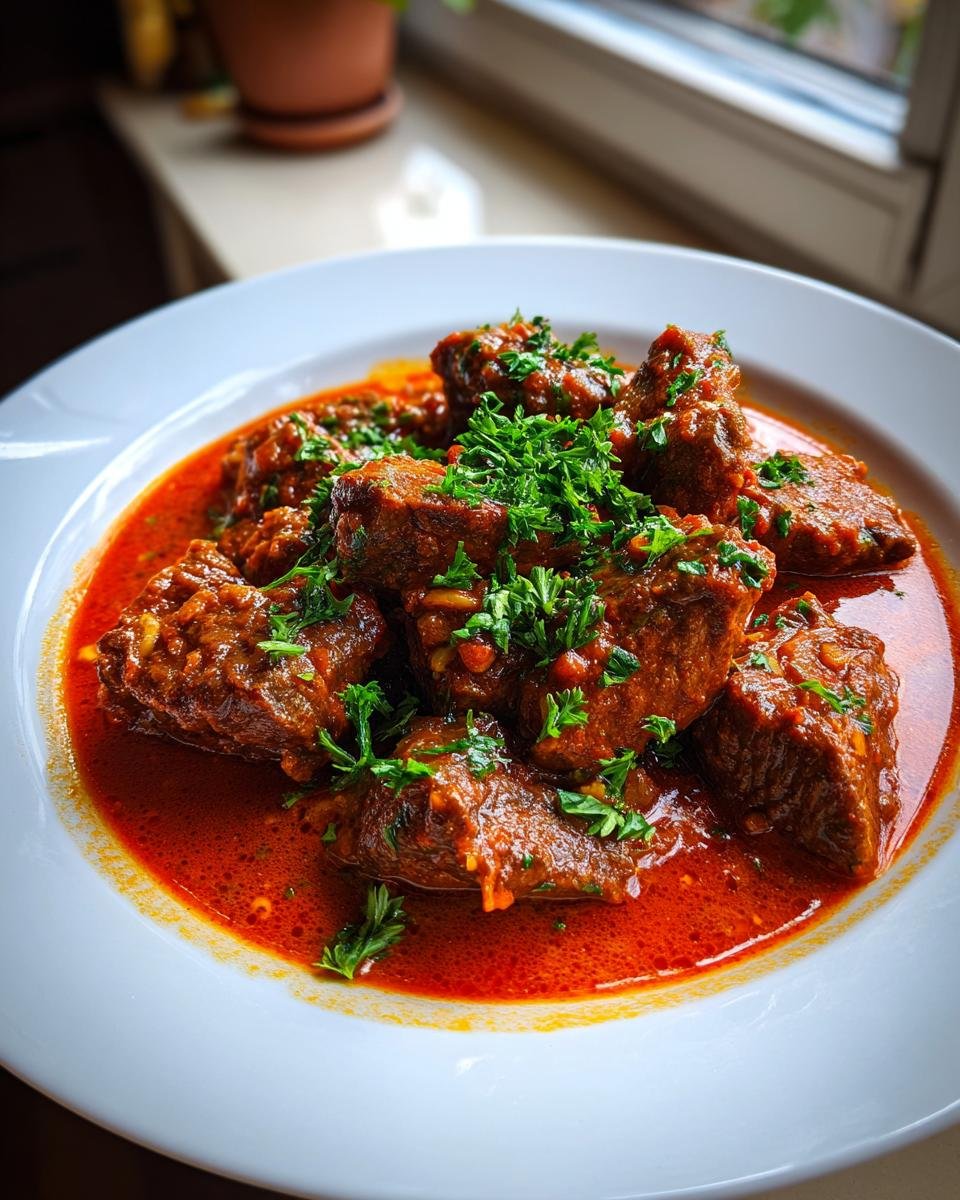 Teller mit saftigen Stücken Teufelsfleisch in einer leuchtend roten, würzigen Sauce, garniert mit frischer Petersilie.