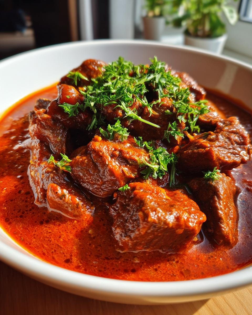 Nahaufnahme von würzigem Teufelsfleisch in einer tiefroten Sauce, garniert mit frischer Petersilie.