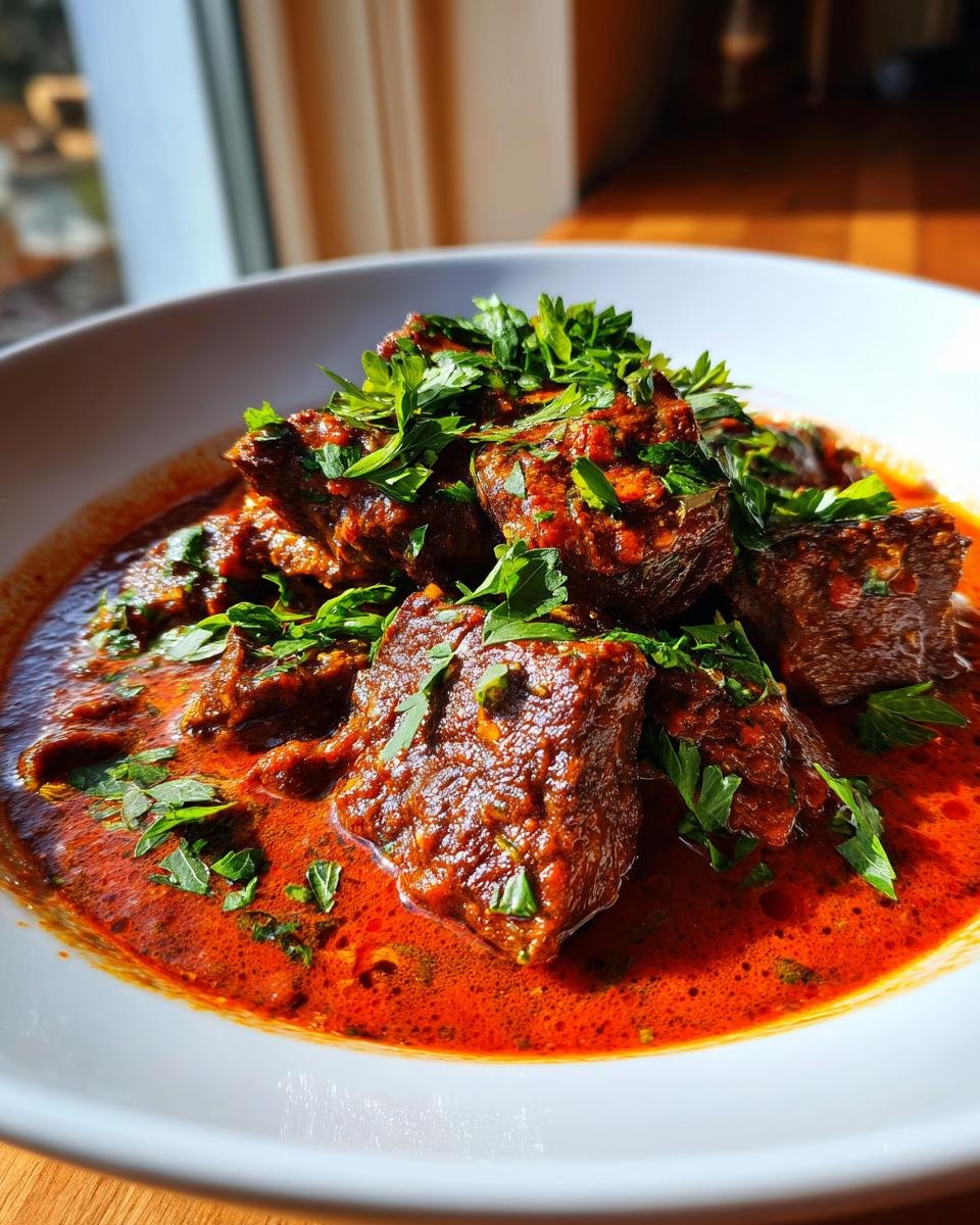 Nahaufnahme von saftigen Stücken Teufelsfleisch in einer intensiven, roten Sauce, garniert mit frischer Petersilie.