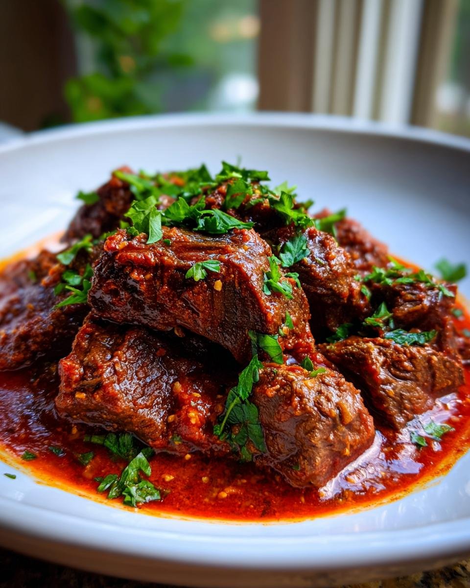 Nahaufnahme von saftigen Stücken Teufelsfleisch in einer leuchtend roten, würzigen Sauce, garniert mit frischer Petersilie.