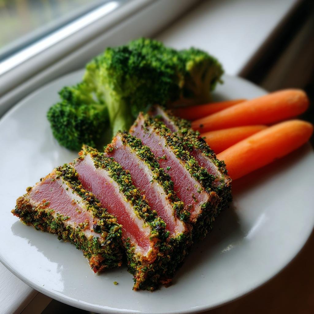 Aufgeschnittenes Thunfisch Steak mit Kräuterkruste, serviert mit gedämpften Karotten und Brokkoli.