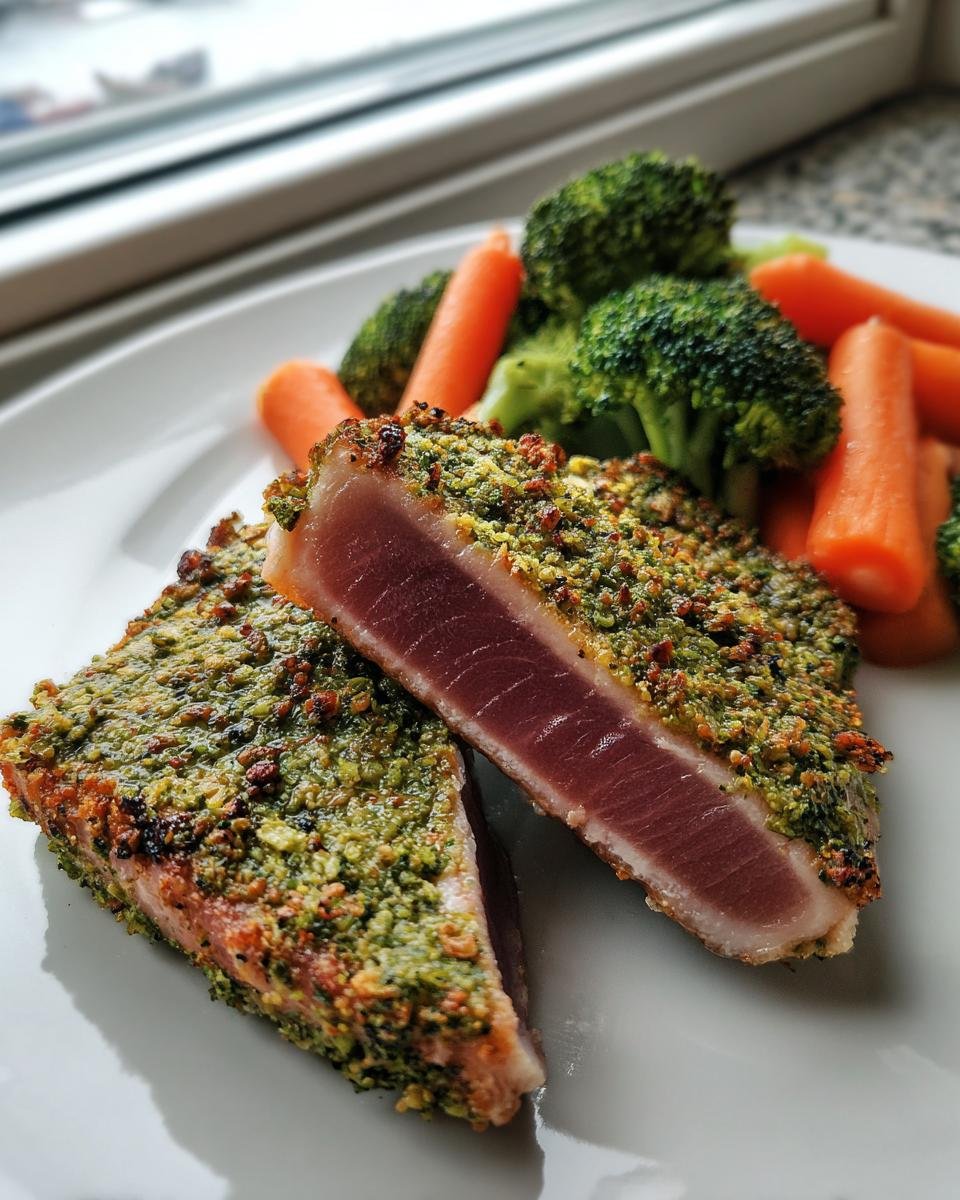 Zwei Hälften Thunfisch Steak mit Kräuterkruste, innen rosa, serviert mit Brokkoli und Karotten.