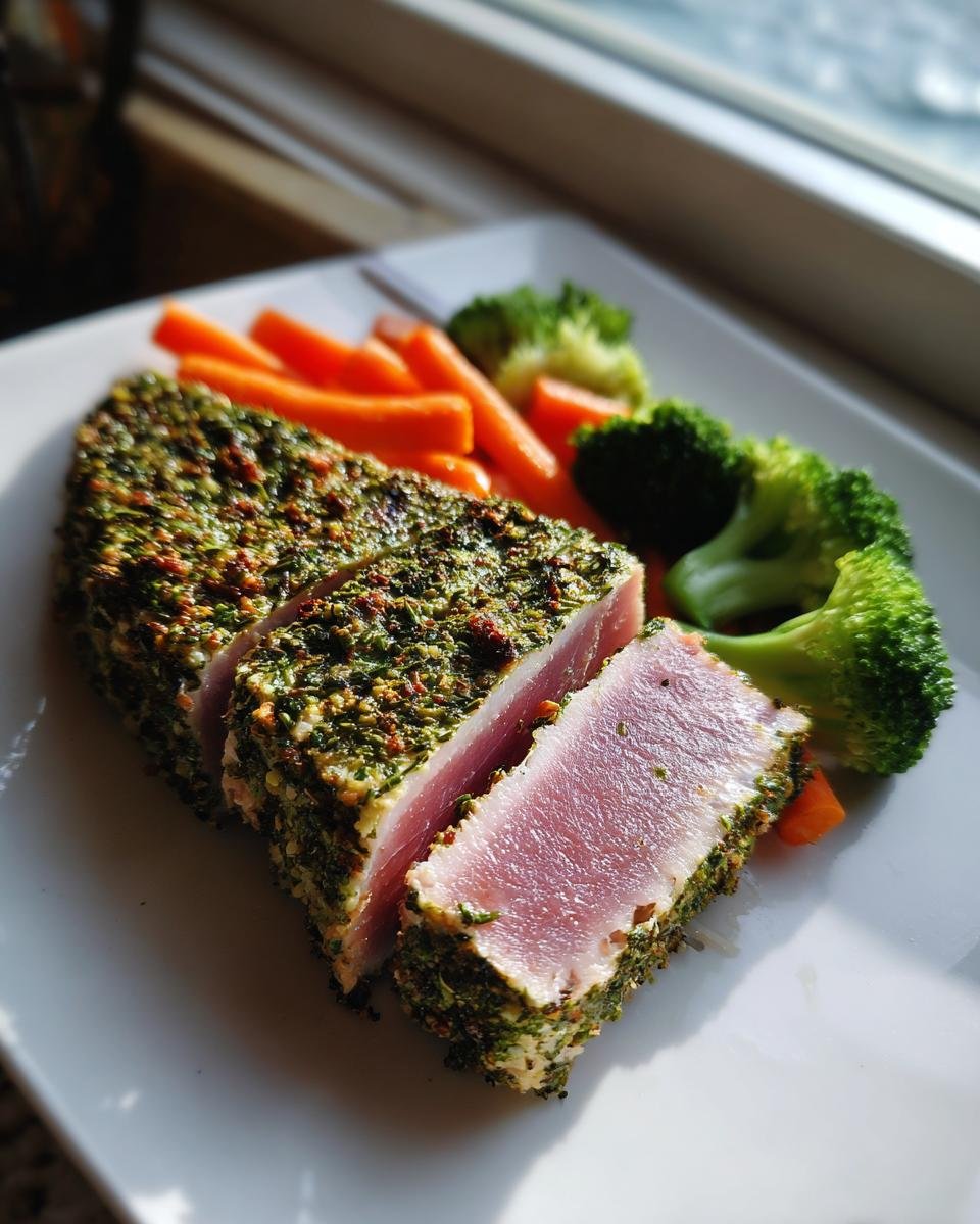Aufgeschnittenes Thunfisch Steak mit Kräuterkruste, serviert mit Karotten und Brokkoli.