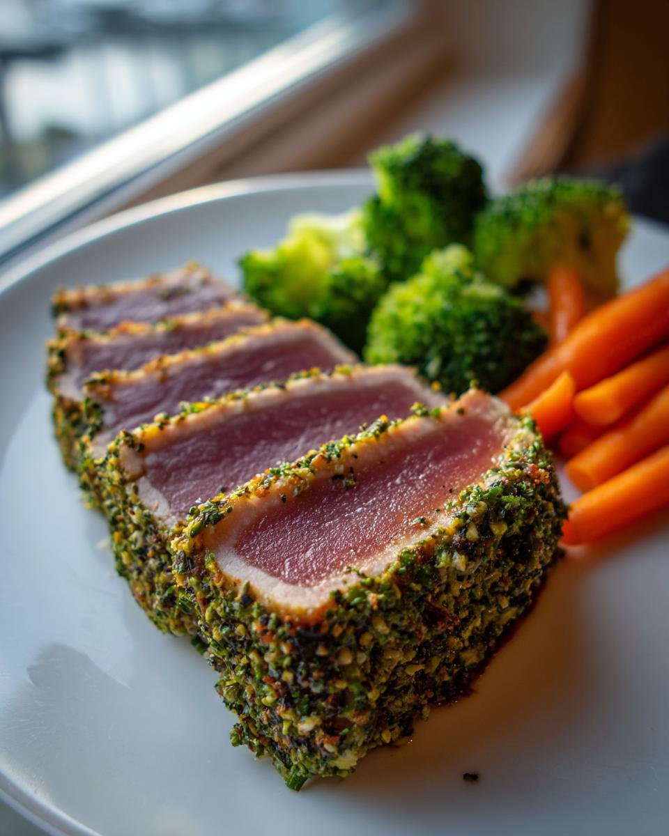 Vier Scheiben Thunfisch Steak mit Kräuterkruste, rosa in der Mitte, serviert mit Brokkoli und Karotten.