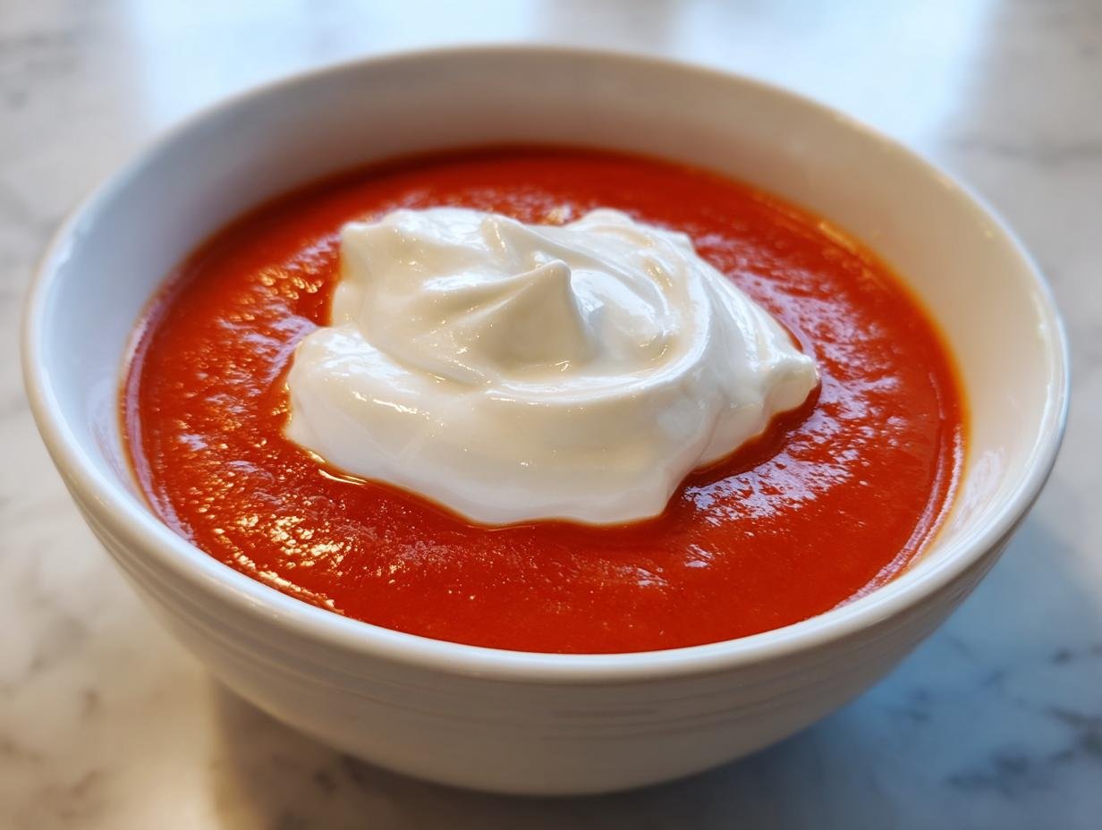 Nahaufnahme einer leuchtend roten Tomatensuppe, garniert mit einem großen Klecks weißer Sahne in einer weißen Schüssel.