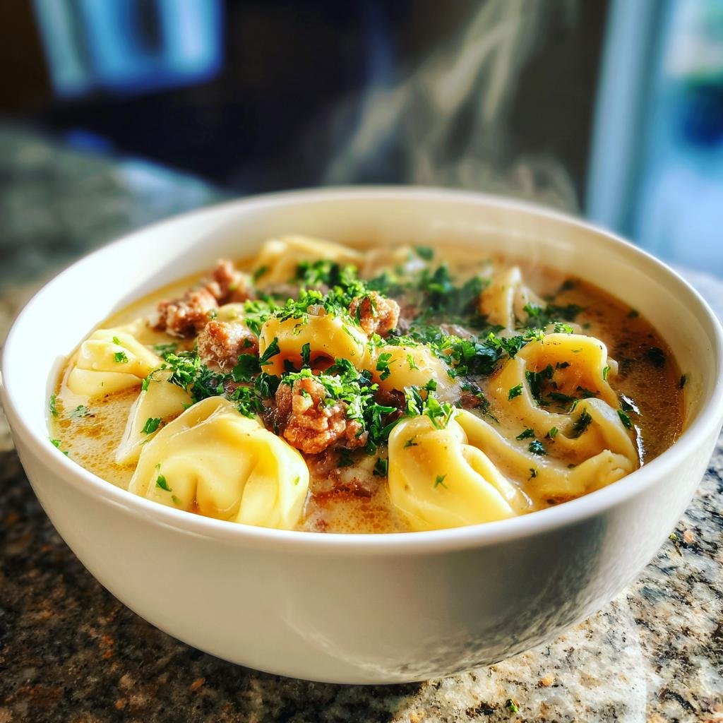 Nahaufnahme einer dampfenden Tortellini Suppe mit Hackfleisch, reichlich garniert mit frischer Petersilie in einer weißen Schüssel.