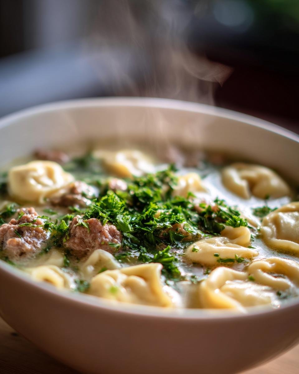 Nahaufnahme einer dampfenden Schüssel Tortellini Suppe mit Hackfleisch und frischer Petersilie.