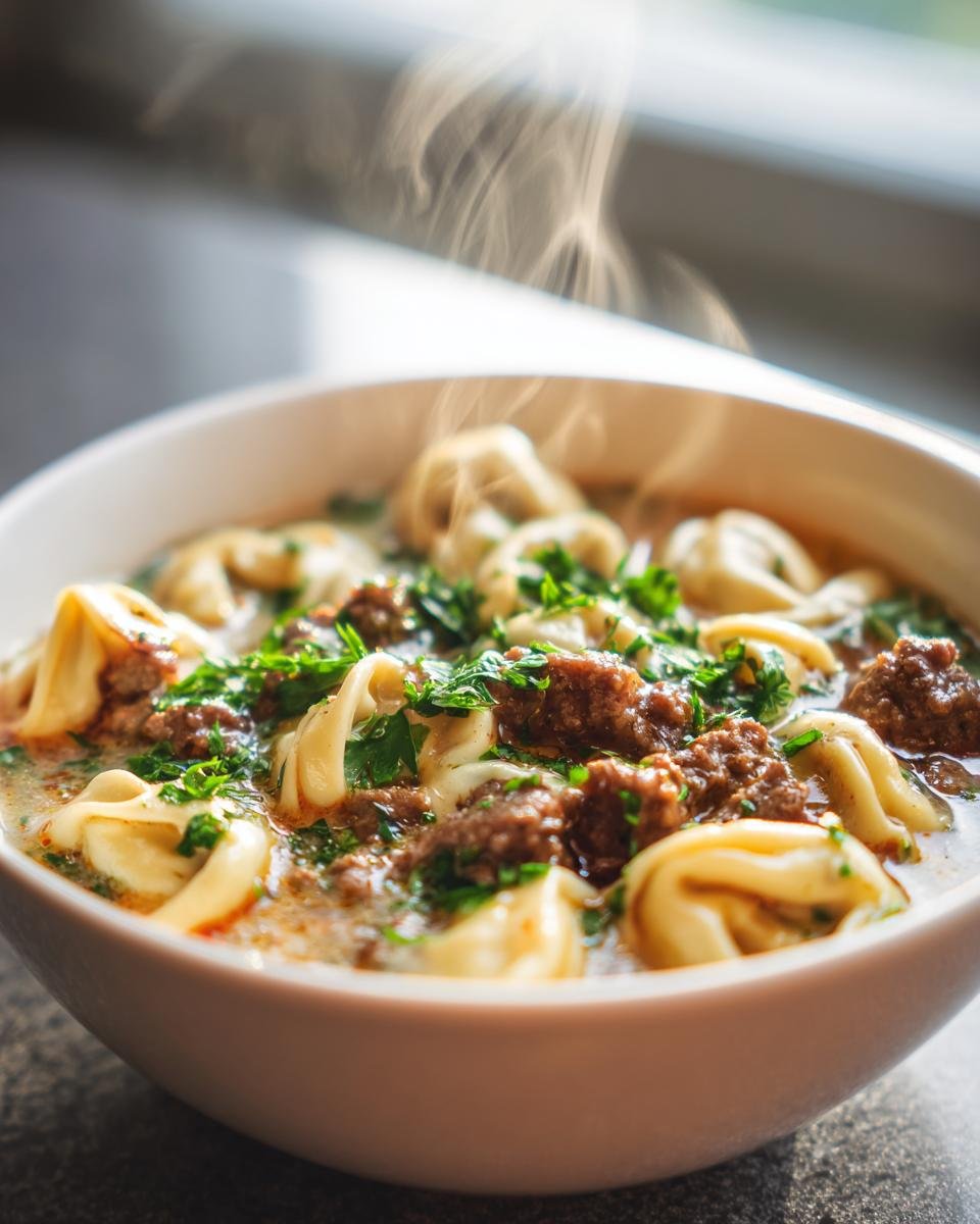 Nahaufnahme einer dampfenden Schüssel Tortellini Suppe mit Hackfleisch und frischer Petersilie.