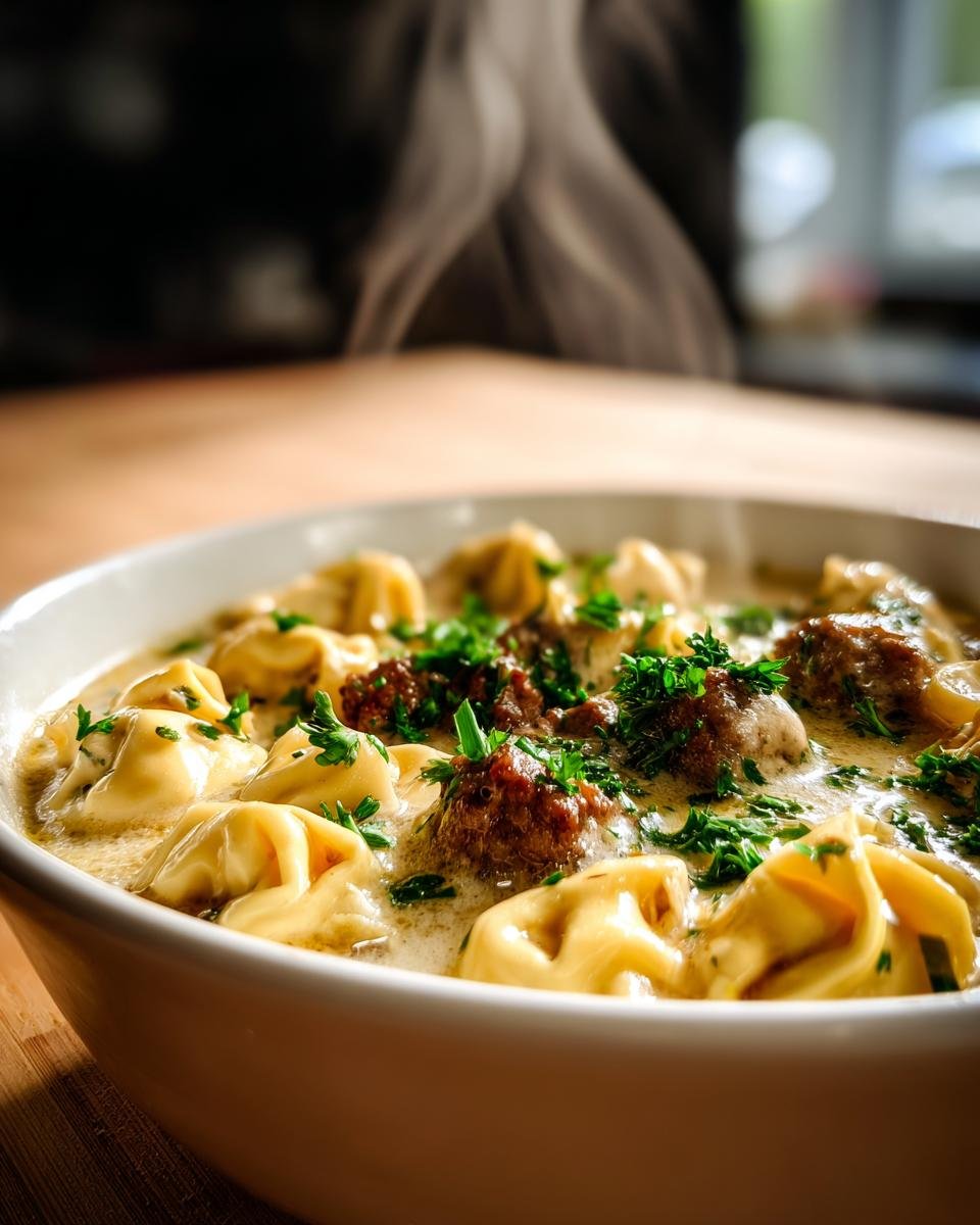 Nahaufnahme einer dampfenden Schüssel Tortellini Suppe mit Hackfleisch, garniert mit frischer Petersilie.