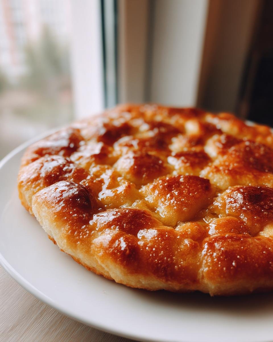 Nahaufnahme eines goldbraunen, glänzenden Ungarische Langos mit Knoblauch, serviert auf einem weißen Teller.