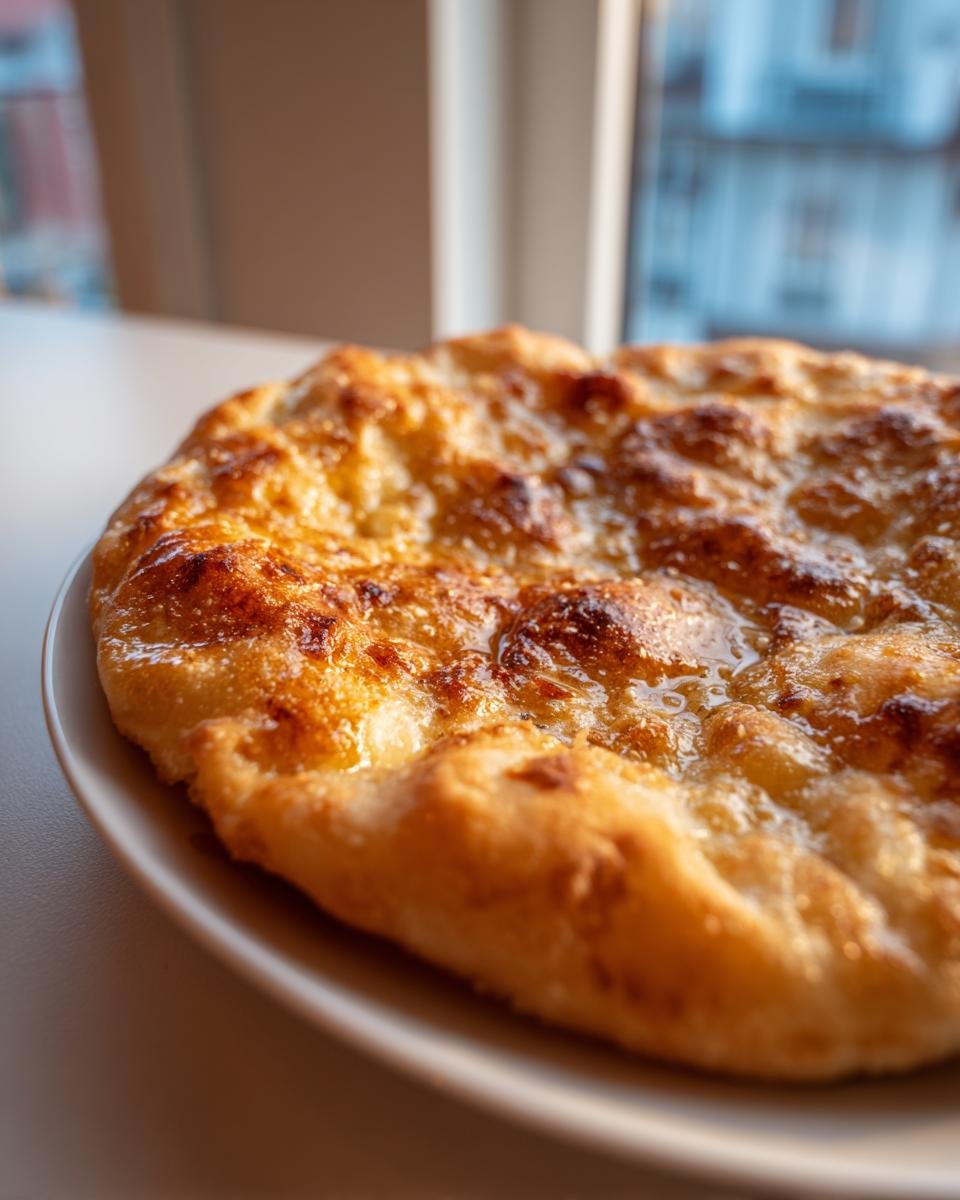 Nahaufnahme einer frisch frittierten Ungarische Langos mit Knoblauch, glänzend und goldbraun auf einem weißen Teller.
