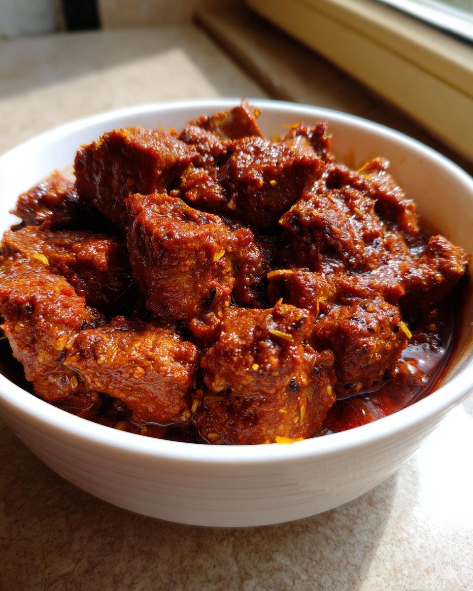 Nahaufnahme von würfeligem Fleisch in einer reichhaltigen, roten Sauce in einer weißen Schüssel: Unser bester Schaschliktopf wie damals.