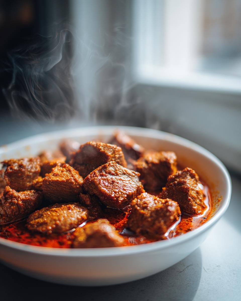 Nahaufnahme von dampfendem, würzigem Fleisch in roter Sauce – Unser bester Schaschliktopf wie damals.