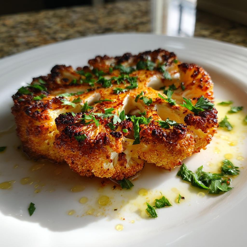 Perfekt gebratenes Vegan Cauliflower Steak Dish auf einem weißen Teller, garniert mit frischer Petersilie und Öl.