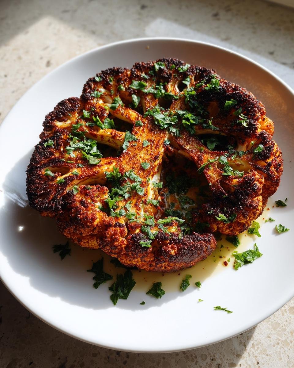 Eine perfekt gebratene Scheibe Vegan Cauliflower Steak Dish, reichlich mit Paprika gewürzt und mit frischer Petersilie garniert.