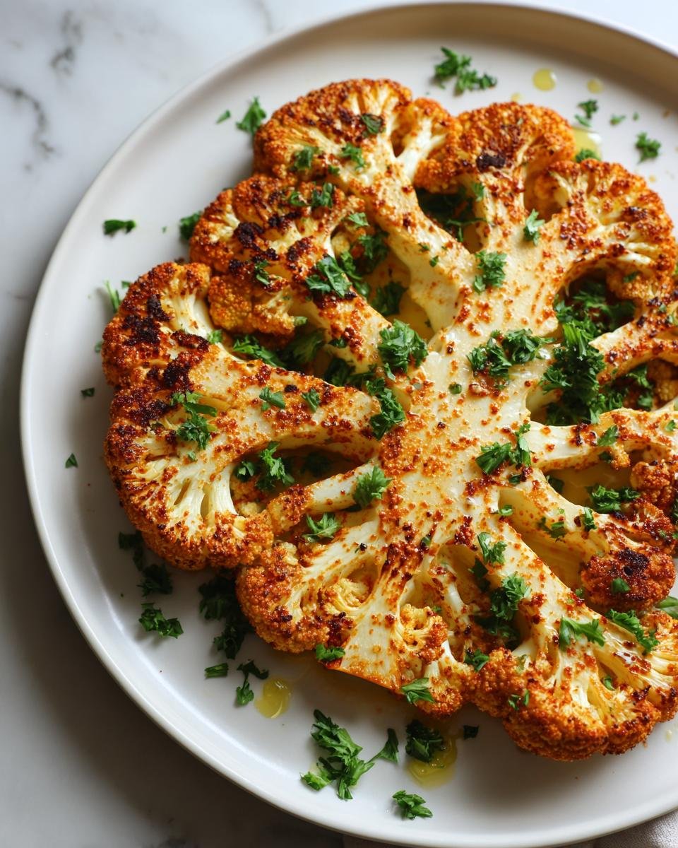 Gebratenes Vegan Cauliflower Steak Dish als ganzer Querschnitt, garniert mit Petersilie auf einem weißen Teller.