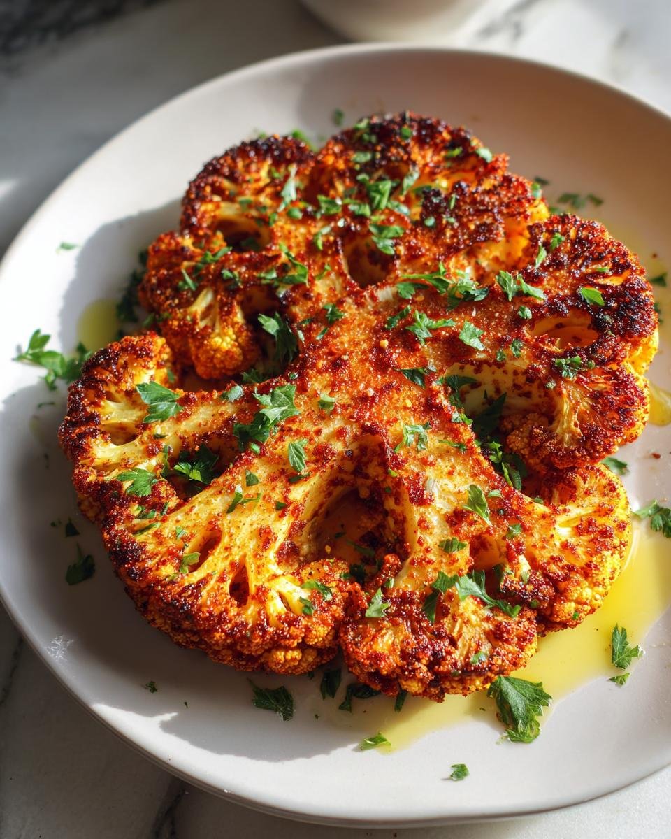 Gebratenes, gewürztes Vegan Cauliflower Steak Dish auf einem Teller, garniert mit frischer Petersilie.