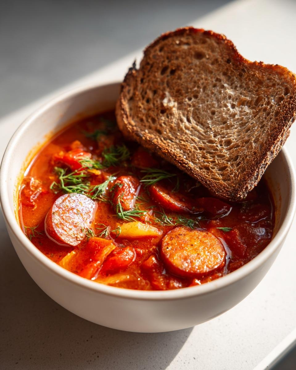 Schüssel mit herzhafter Vegane Pizzasuppe, belegt mit veganen Wurstscheiben und Dill, dazu eine Scheibe dunkles Brot.