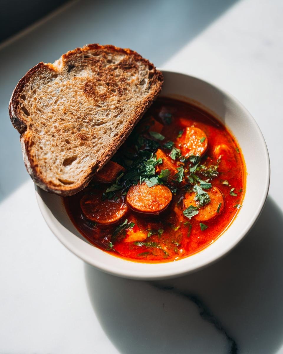 Schüssel mit leuchtend roter Vegane Pizzasuppe, belegt mit veganen Wurstscheiben und Petersilie, dazu eine Scheibe Toast.