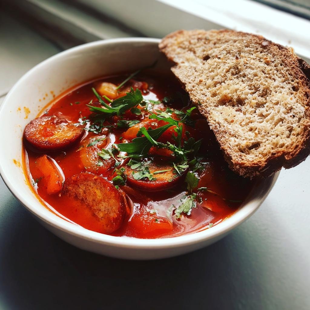 Eine Schale mit herzhafter Vegane Pizzasuppe, belegt mit veganen Wurstscheiben und Petersilie, dazu eine Scheibe dunkles Brot.