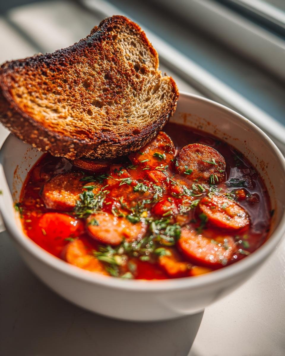 Eine Schüssel Vegane Pizzasuppe mit Scheiben veganer Wurst und frischen Kräutern, dazu eine Scheibe dunkles Toastbrot.